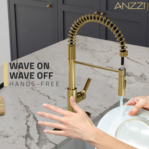 KF-AZ303BG - ANZZI ANZZI 13.8",Ola Hands Free Touchless 1-Handle Pull-Down Sprayer Kitchen Faucet with Motion Sense and Fan Sprayer in Brushed Gold