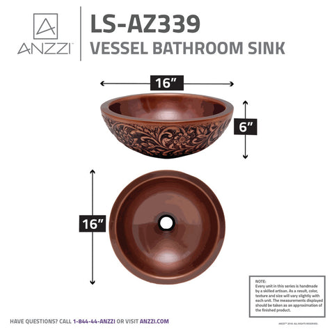 ANZZI Swell 16 in. Handmade Vessel Sink in Polished Antique Copper with Floral Design Exterior