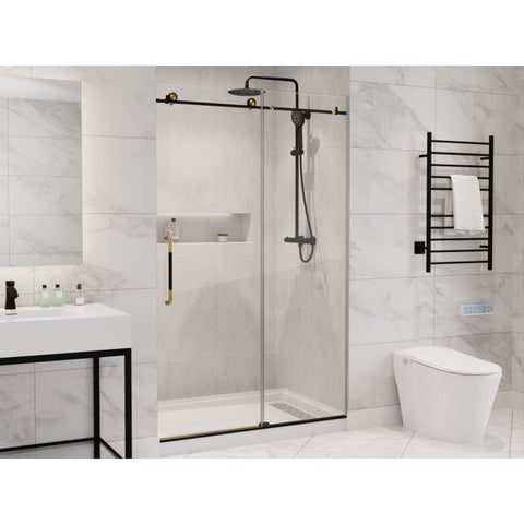 SD-AZ13-01MBBG - ANZZI Madam Series 76-in. x 48-in. Frameless Sliding Shower Door in Matte Black/Brushed Gold