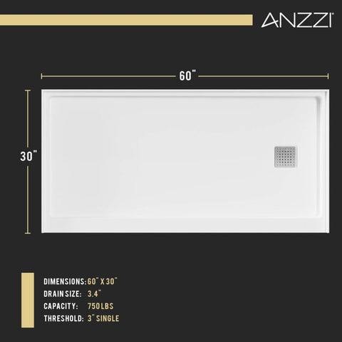 ANZZI Alexander 60 in. x 30 in. Shower Base in White