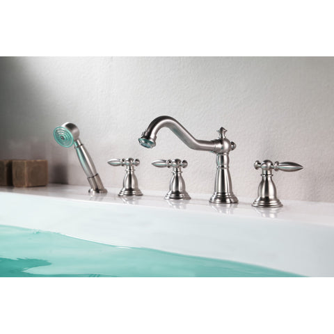 FR-AZ091BN - ANZZI Patriarch 2-Handle Deck-Mount Roman Tub Faucet with Handheld Sprayer in Brushed Nickel