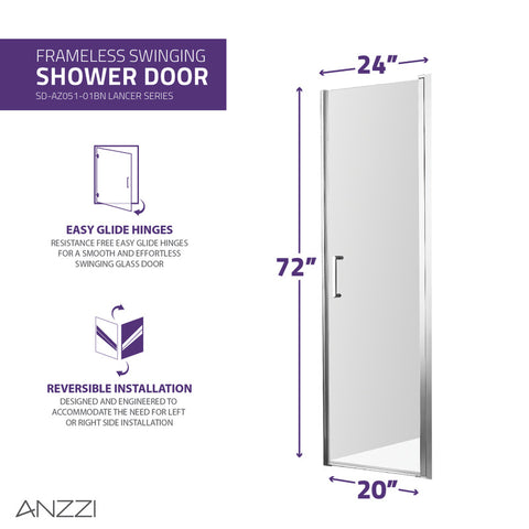 ANZZI Lancer 23 in. x 72 in. Semi-Frameless Shower Door with TSUNAMI GUARD