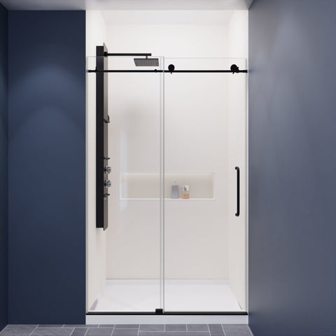 48 in. by 76 in. Frameless Sliding Shower Door in Matte Black with Handle