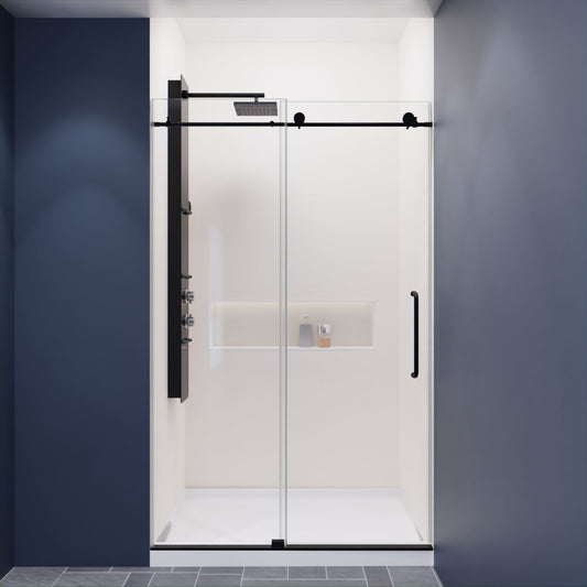 48 in. by 76 in. Frameless Sliding Shower Door in Matte Black with Handle