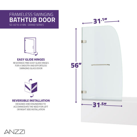 ANZZI Vensea Series 31.5 in. by 56 in. Frameless Hinged Tub Door