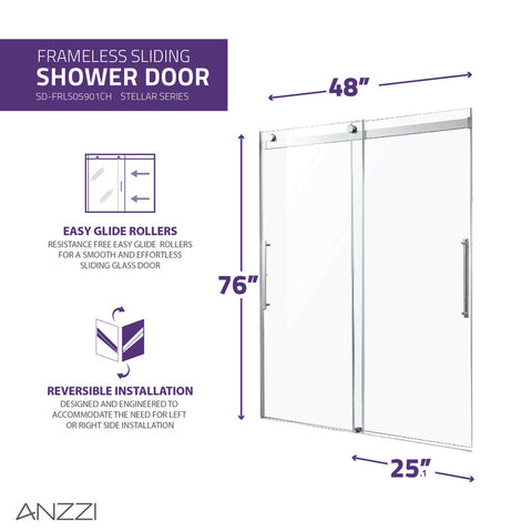 SD-FRLS05901CH - Stellar Series 48 in. x 76 in. Frameless Sliding Shower Door with Handle in Chrome