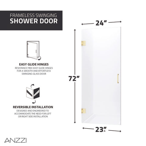 ANZZI Passion Series 24 in. by 72 in. Frameless Hinged shower door with Handle