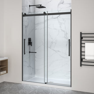 Stellar Series  76 in. x  57-60 in. Sliding Frameless Shower Door with Alcove Center Drain Shower Base - Multiple Finishes
