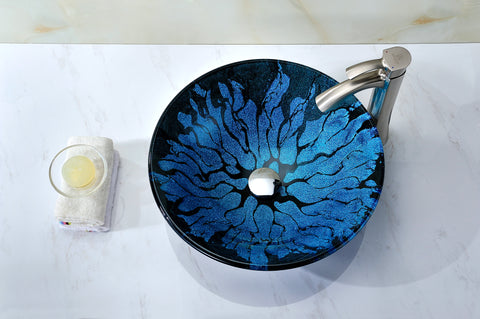 Telina Series Deco-Glass Vessel Sink in Lustrous Blue and Black