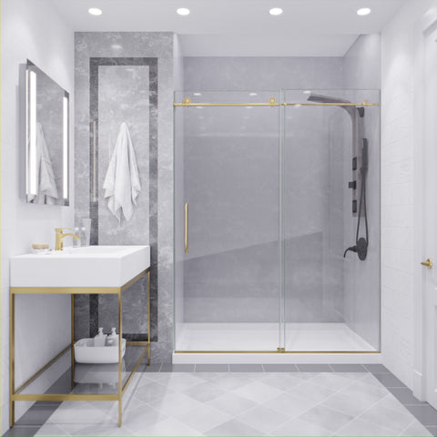 SD-AZ8077-02BG - ANZZI Leon Series 60 in. by 76 in. Frameless Sliding Shower Door in Brushed Gold with Handle