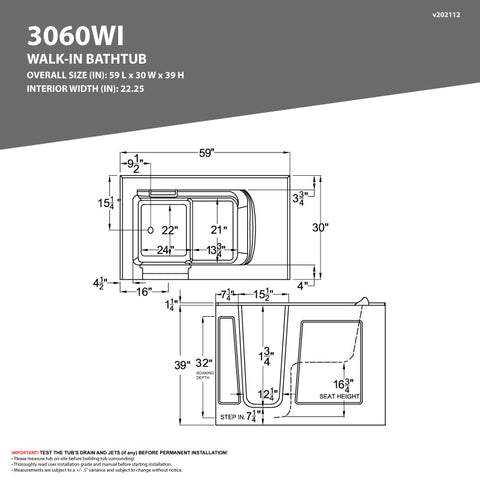 ANZZI 30 in. x 60 in. Left Drain Quick Fill Walk-In Whirlpool and Air Tub with Powered Fast Drain in White