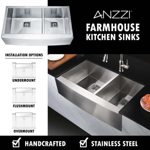 ANZZI Elysian Farmhouse 36 in. 60/40 Double Bowl Kitchen Sink with Faucet in Polished Chrome