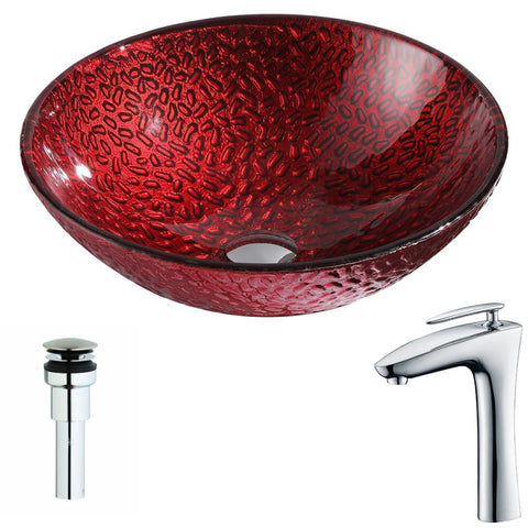 LSAZ080-022 - ANZZI Rhythm Series Deco-Glass Vessel Sink in Lustrous Red Finish with Crown Faucet in Chrome