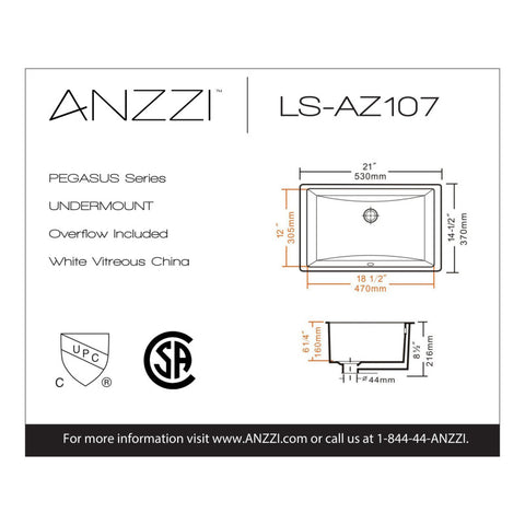 ANZZI Series 21 in. Ceramic Undermount Sink Basin in White