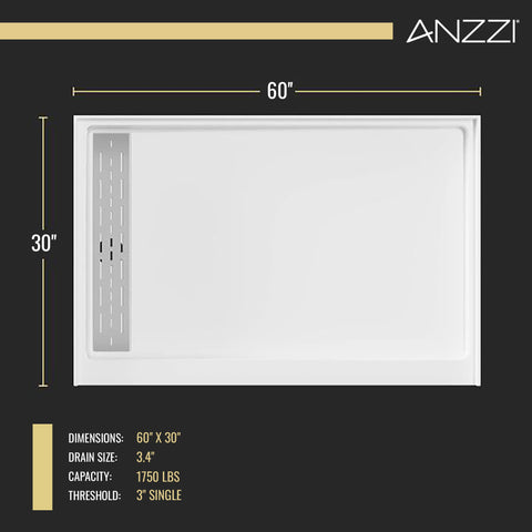 Alexander 60 in. L x 30 in. W Alcove Shower Pan Base with Left Drain in Glossy White Marine Acrylic
