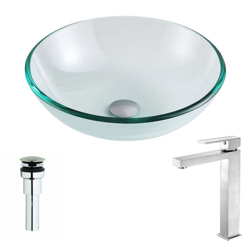 LSAZ087-096B - ANZZI Etude Series Deco-Glass Vessel Sink in Lustrous Clear with Enti Faucet in Brushed Nickel