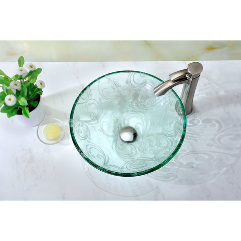 Vieno Series 17 in. Bathroom Vessel Sink with Scratch-Tough and Stain-Resistant Non-Porous Surface in Clear Floral Glass