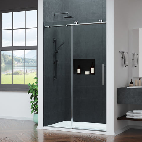Mountain 48 in Reversible Frameless Sliding Deco-Glass Shower Door with Soft-Close System and Chrome Finish