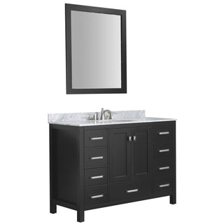 VT-MRCT0048-BK - ANZZI Chateau 48 in. W x 22 in. D Bath Vanity Set in Black with Vanity Top in Carrara Marble with White Sink and Mirror