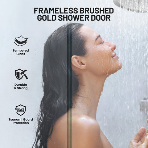 Mountain 48 in Reversible Frameless Sliding Deco-Glass Shower Door with Soft-Close System and Brushed Nickel Finish