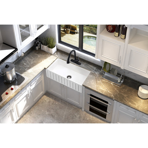 K-AZ225-1A - ANZZI ANZZI Roine Farmhouse Reversible Apron Front Solid Surface Man Made Stone 30 inch Single Basin Kitchen Sink in White -Matte Finish