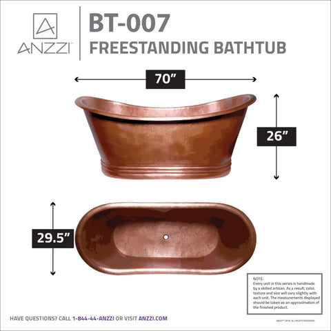 Nero 70 in. Handmade Copper Double Slipper Flatbottom Non-Whirlpool Bathtub in Hammered Antique Copper