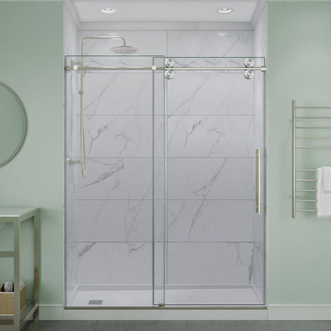 ANZZI 60" x 76" Frameless Sliding Shower Door, 3/8" TSUNAMI GUARD Glass, Exposed Rollers and RHINO ALLOY Hardware, Brushed Nickel