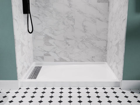 Alexander 60 in. L x 30 in. W Alcove Shower Pan Base with Left Drain in Glossy White Marine Acrylic