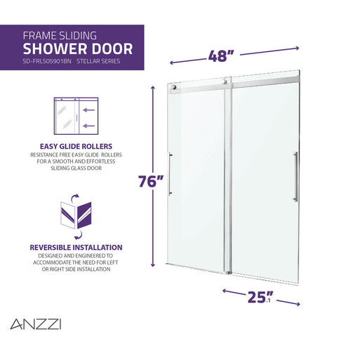 ANZZI Stellar Series 48 in. x 76 in. Frameless Sliding Shower Door with Handle