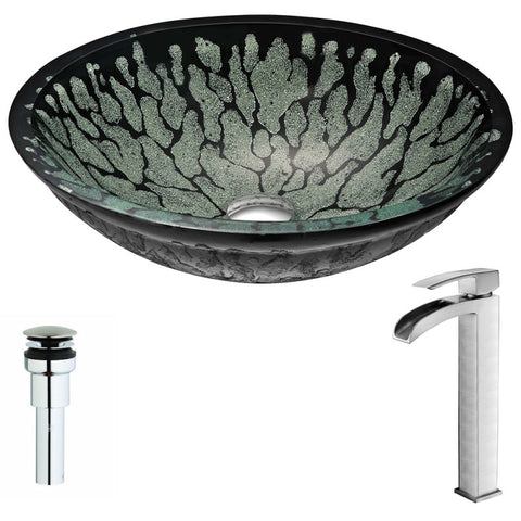 LSAZ043-097B - ANZZI Bravo Series Deco-Glass Vessel Sink in Lustrous Black with Key Faucet in Brushed Nickel