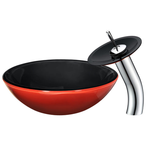 ANZZI Chord Series Deco-Glass Vessel Sink in Lustrous Black and Red with Matching Chrome Waterfall Faucet