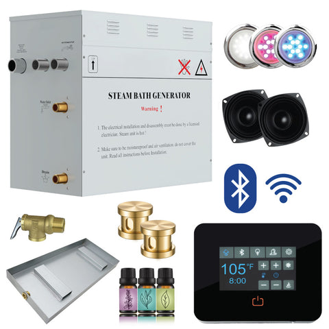 PRO1050GD - SaunaSpa PRO Series 10.5kW Bluetooth & Wifi Steam Generator with Quickstart Continuous Steam, Digital Touch Pad, Built-in Auto-drain, Drain Pan, Chroma & White Lights, Steamhead in Gold Finish
