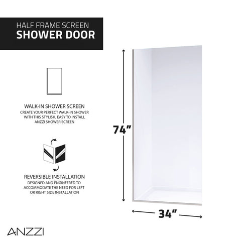 ANZZI Veil Series 74 in. by 34 in. Frameless Glass Shower Screen Shower Door