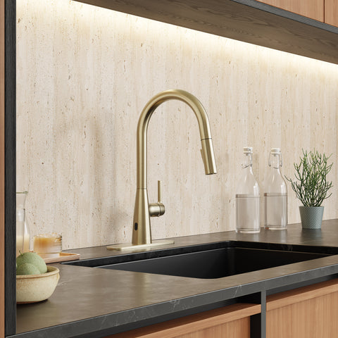 Modern 16 in. 1-Handle Touchless Pull-Down Kitchen Faucet in Satin Brass with Motion Sensor and Dual Spray Modes