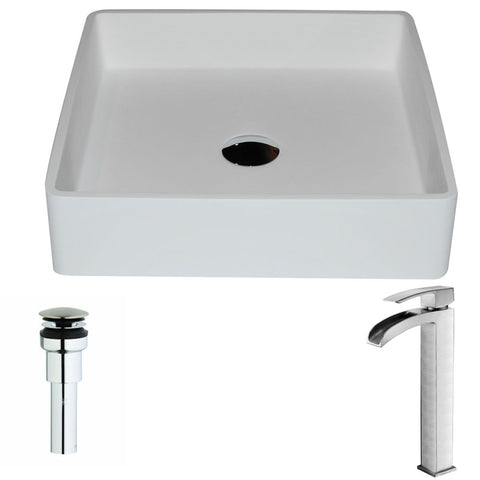 LSAZ602-097B - ANZZI Passage Series 1-Piece Solid Surface Vessel Sink in Matte White with Key Faucet in Brushed Nickel