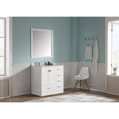 V-CHG011-36-S - ANZZI Chateau 36 in. W x 35 in. H Bath Vanity in Rich White with Carrara White Marble Vanity Top in Carrara White with White Basin and Mirror