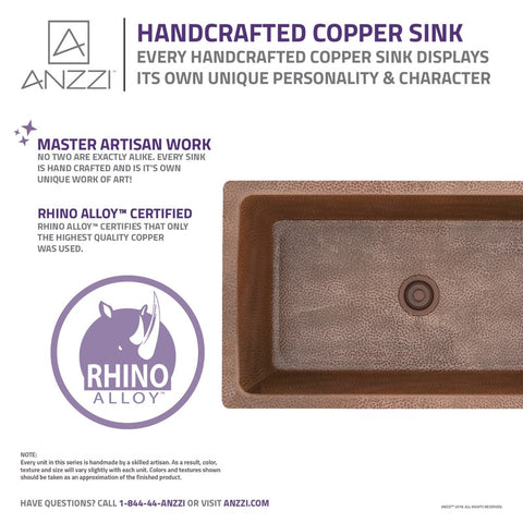 ANZZI Gilbert Drop-in Handmade Copper 31 in. 0-Hole Single Bowl Kitchen Sink in Hammered Antique Copper