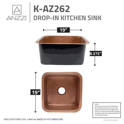 ANZZI Isle Drop-in Handmade Copper 19 in. 0-Hole Single Bowl Kitchen Sink in Hammered Antique Copper