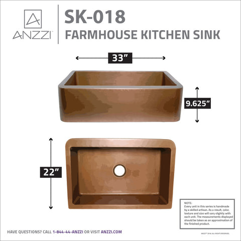 ANZZI Cyprus Farmhouse Handmade Copper 33 in. 0-Hole Single Bowl Kitchen Sink in Polished Antique Copper