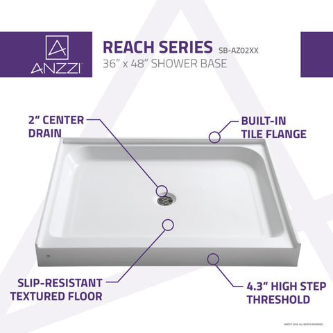 ANZZI Reach 36 x 48  in. Single Threshold Shower Base in White