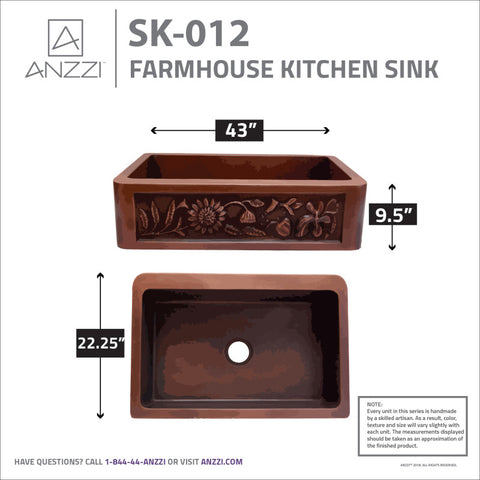 ANZZI Anatolian Farmhouse Handmade Copper 33 in. 0-Hole Single Bowl Kitchen Sink with Sunflower Design Panel in Polished Antique Copper