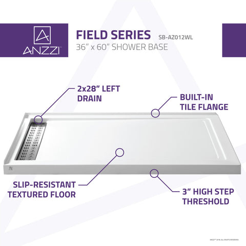 ANZZI Field Series 36 in. x 60 in. Double Threshold Shower Base in White