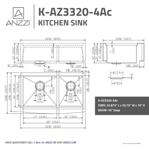 ANZZI Aegis Farmhouse Stainless Steel 33 in. 0-Hole 60/40 Double Bowl Kitchen Sink with Cutting Board and Colander