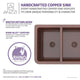 Dalmatia Farmhouse Handmade Copper 33 in. 40/60 Double Bowl Kitchen Sink with Grape Vine Design in Polished Antique Copper