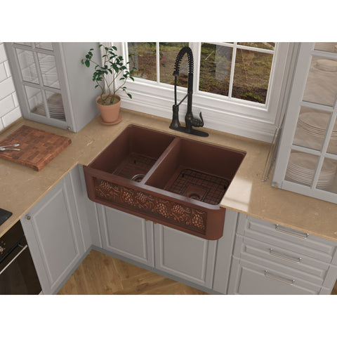 SK-007 - ANZZI Dalmatia Farmhouse Handmade Copper 33 in. 40/60 Double Bowl Kitchen Sink with Grape Vine Design in Polished Antique Copper