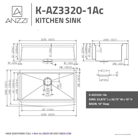 ANZZI Aegis Farmhouse Stainless Steel 33 in. 0-Hole Single Bowl Kitchen Sink with Cutting Board and Colander