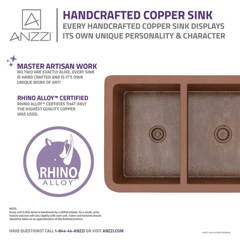 ANZZI Silesian Farmhouse Handmade Copper 33 in. 50/50 Double Bowl Kitchen Sink with Grape Vine Design in Hammered Antique Copper