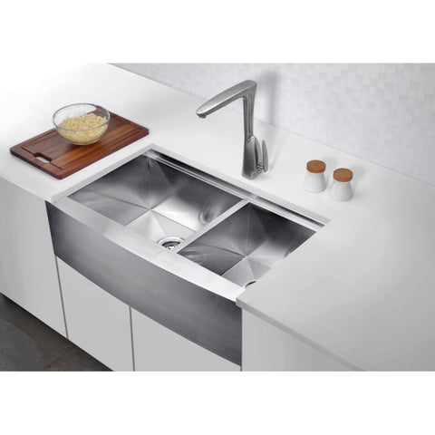 ANZZI Aegis Farmhouse Stainless Steel 33 in. 0-Hole 60/40 Double Bowl Kitchen Sink with Cutting Board and Colander