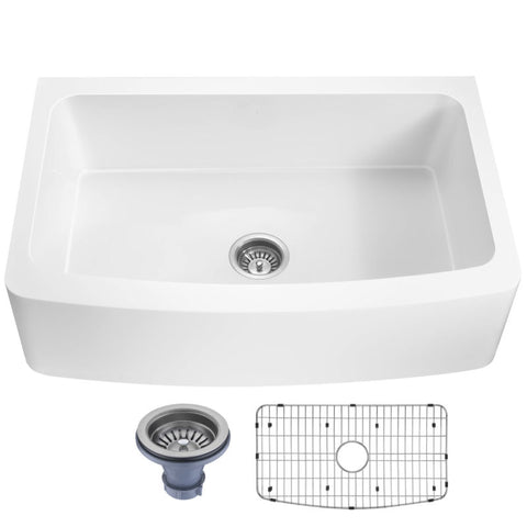 K-AZ273-A1 - ANZZI Prisma Series Farmhouse Solid Surface 36 in. 0-Hole Single Bowl Kitchen Sink with 1 Strainer in Matte White