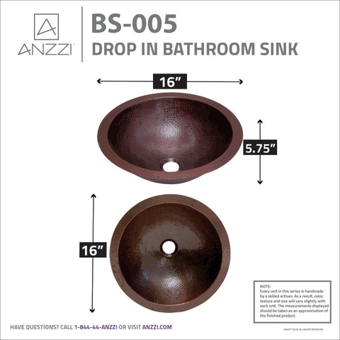 ANZZI Antakya 16 in. Drop-in Round Bathroom Sink in Hammered Antique Copper